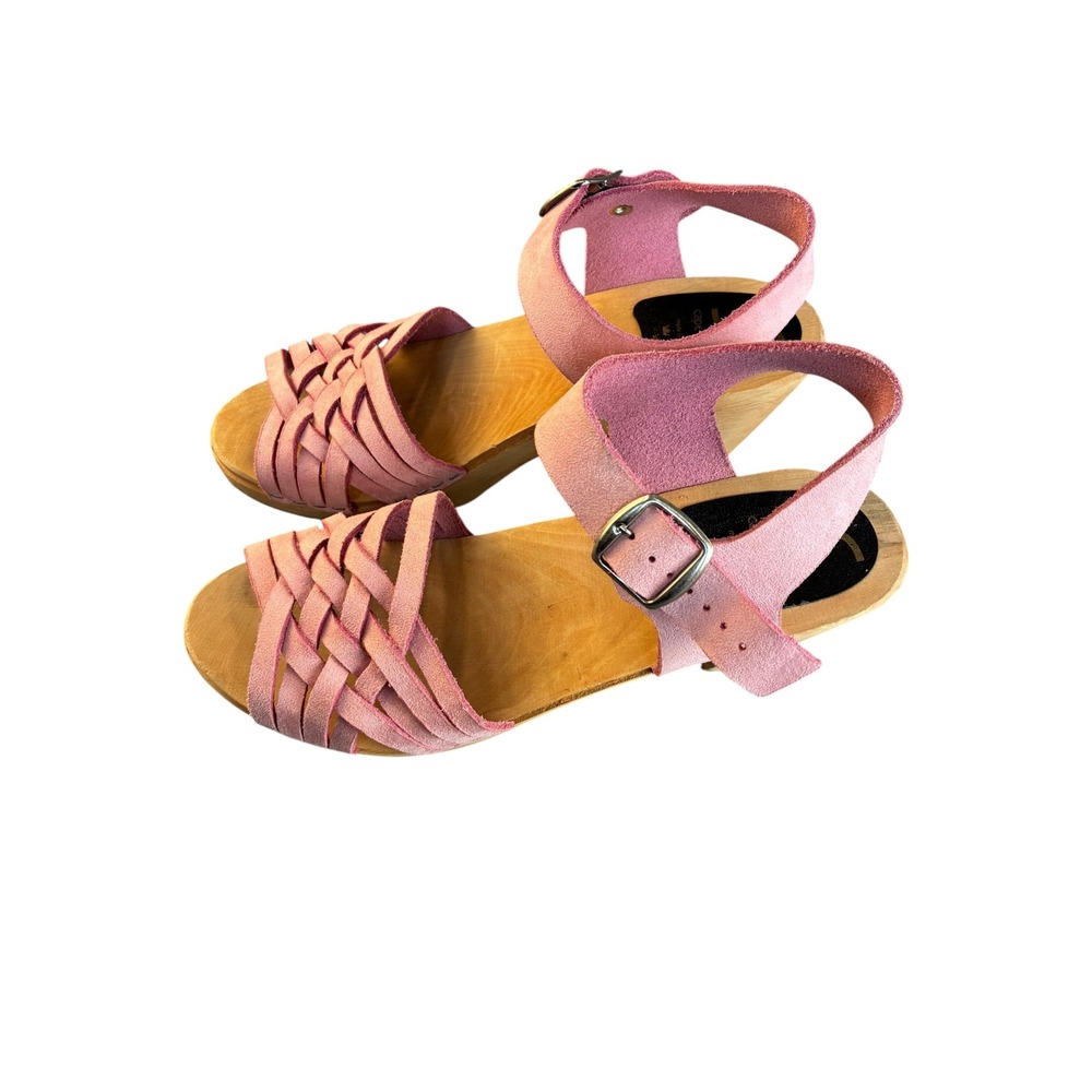 Cape Clogs Pink Woven Leather Wooden Swedish Sandals Size 40